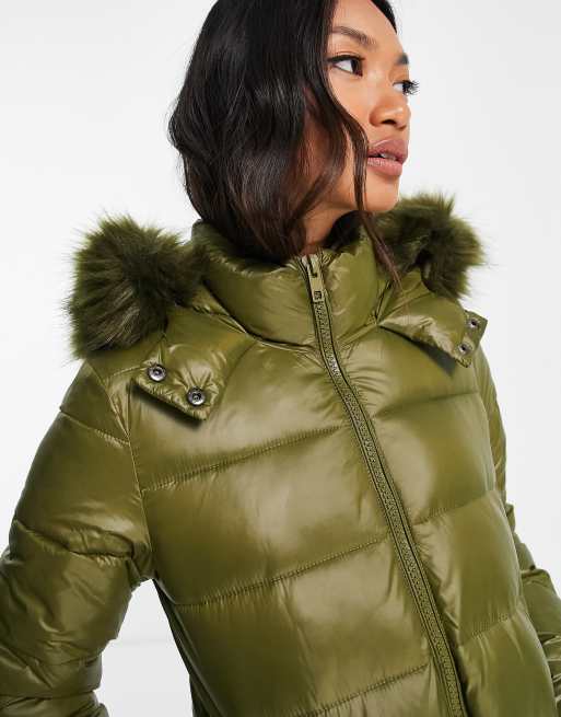 Gianni Feraud Millie faux fur trim hooded padded jacket in khaki