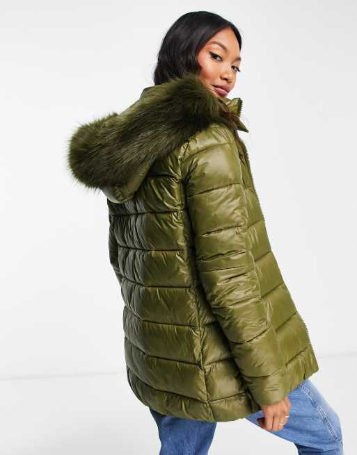 Men's Khaki Green Faux Fur Trim Hooded Padded Parka Jacket – Threadbare