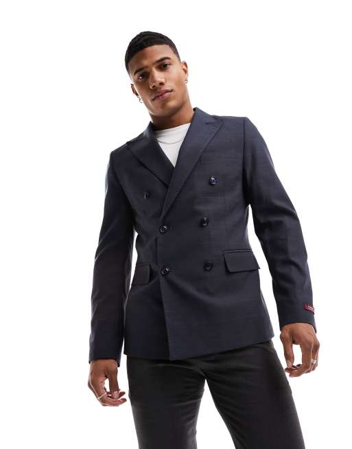 Gianni Feraud navy check slim double breasted suit jacket