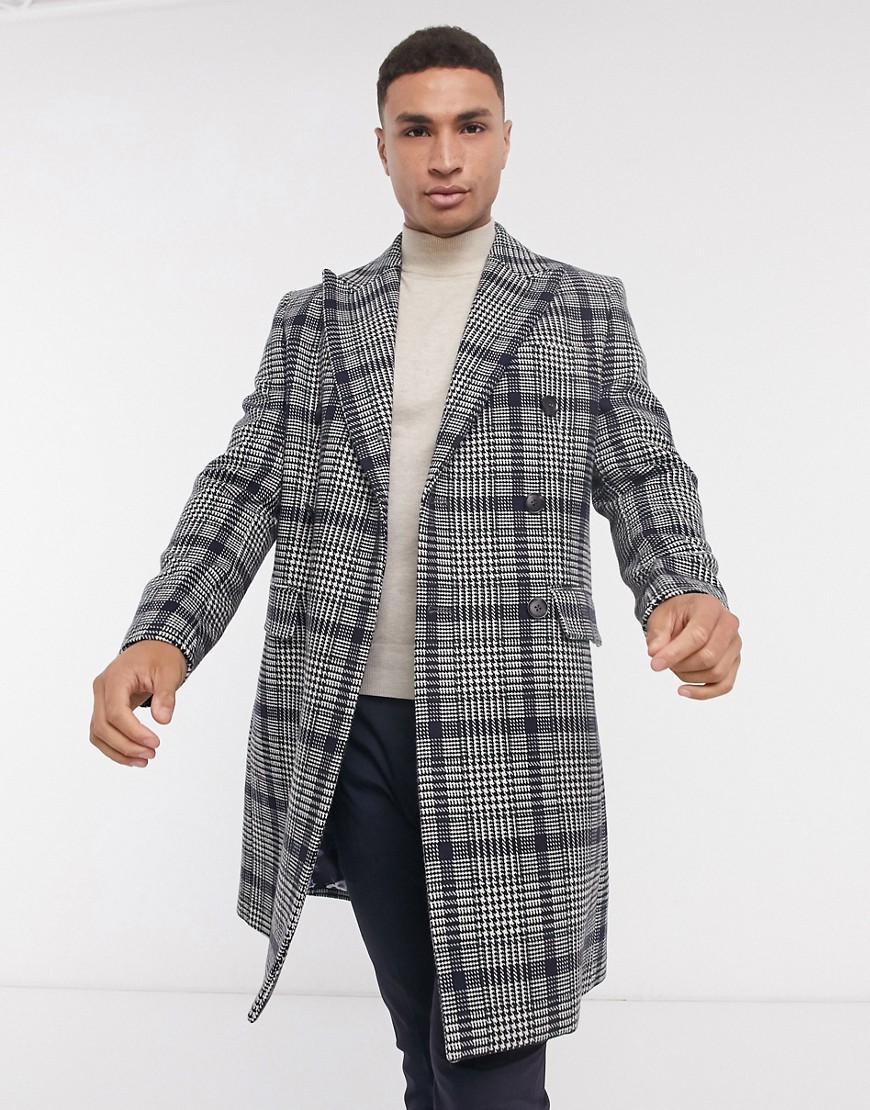 Gianni Feraud navy overcheck dogtooth double breasted overcoat-Gray