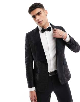 Gianni Feraud paisley satin slim dinner jacket with velvet shawl lapel in black - ASOS Price Checker