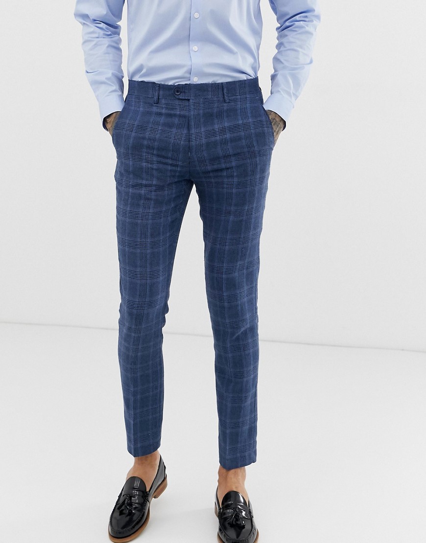 Gianni Feraud - Pantaloni da abito slim in misto lino a quadri-Blu