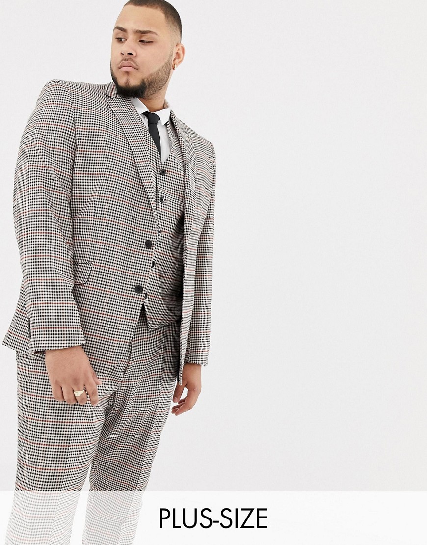 Gianni Feraud Plus slim fit heritage check wool blend suit jacket-Brown
