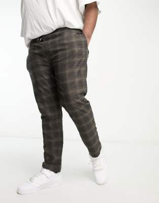 Plus slim fit smart pants with drawstring waist in brown check