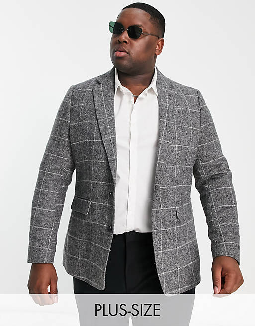 Gianni Feraud Plus wool mix windowpane check slim fit suit jacket | ASOS
