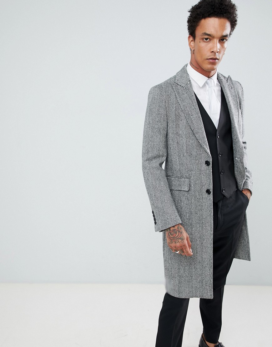 Gianni Feraud Premium Black And White Herringbone Wool Blend Overcoat