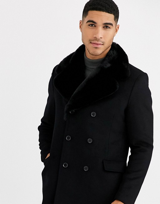 Gianni Feraud Premium Faux Fur Collar Cashmere Double Breasted Overcoat ...