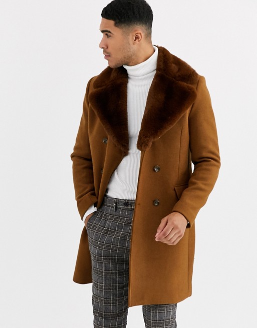 Gianni Feraud Premium Faux Fur Collar Double Breasted Overcoat