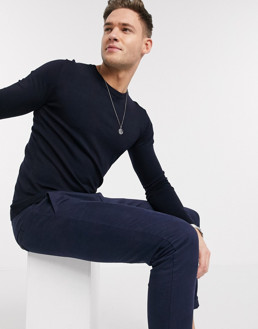 Gianni Feraud - Premium - Finstrikket tætsiddende trøje med rund hals i strækbart stof-Marineblå