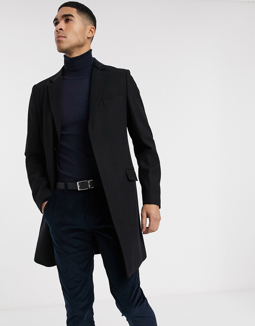 Gianni Feraud - Premium - Klassisk enkeltradet overfrakke i uldblanding med velourkrave-Sort