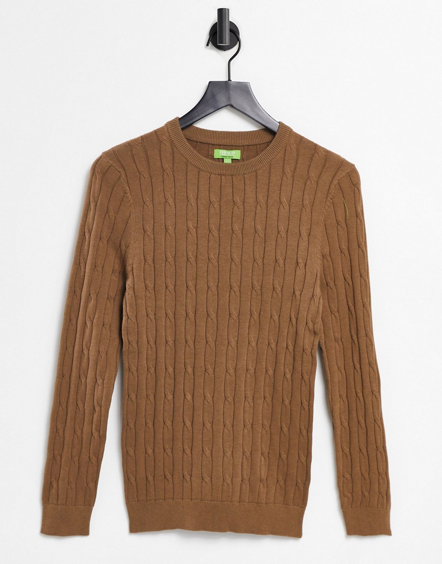 Gianni Feraud premium muscle fit crew neck cable knitted sweater-Brown