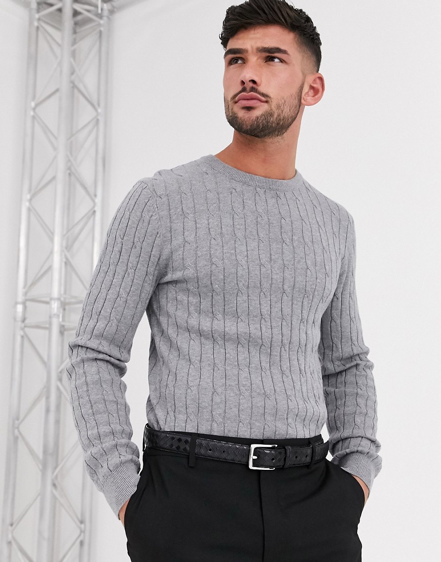 Gianni Feraud premium muscle fit crew neck cable sweater-Grey