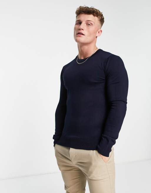 Gianni Feraud premium muscle fit stretch crew neck fine gauge jumper in ...