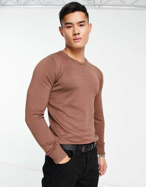 Gianni Feraud premium muscle fit stretch crew neck jumper in brown