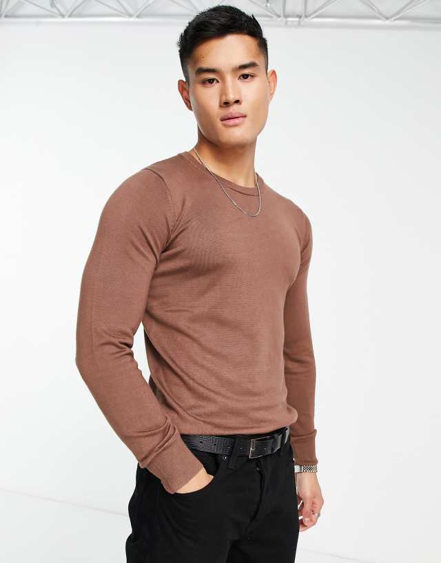 Gianni Feraud premium muscle fit stretch crew neck sweater in brown