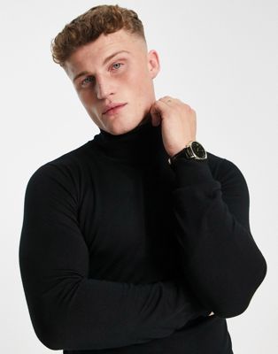 Gianni Feraud premium muscle fit stretch roll neck fine gauge jumper in black