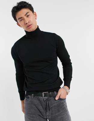 Gianni Feraud premium muscle fit stretch roll neck fine gauge jumper in black