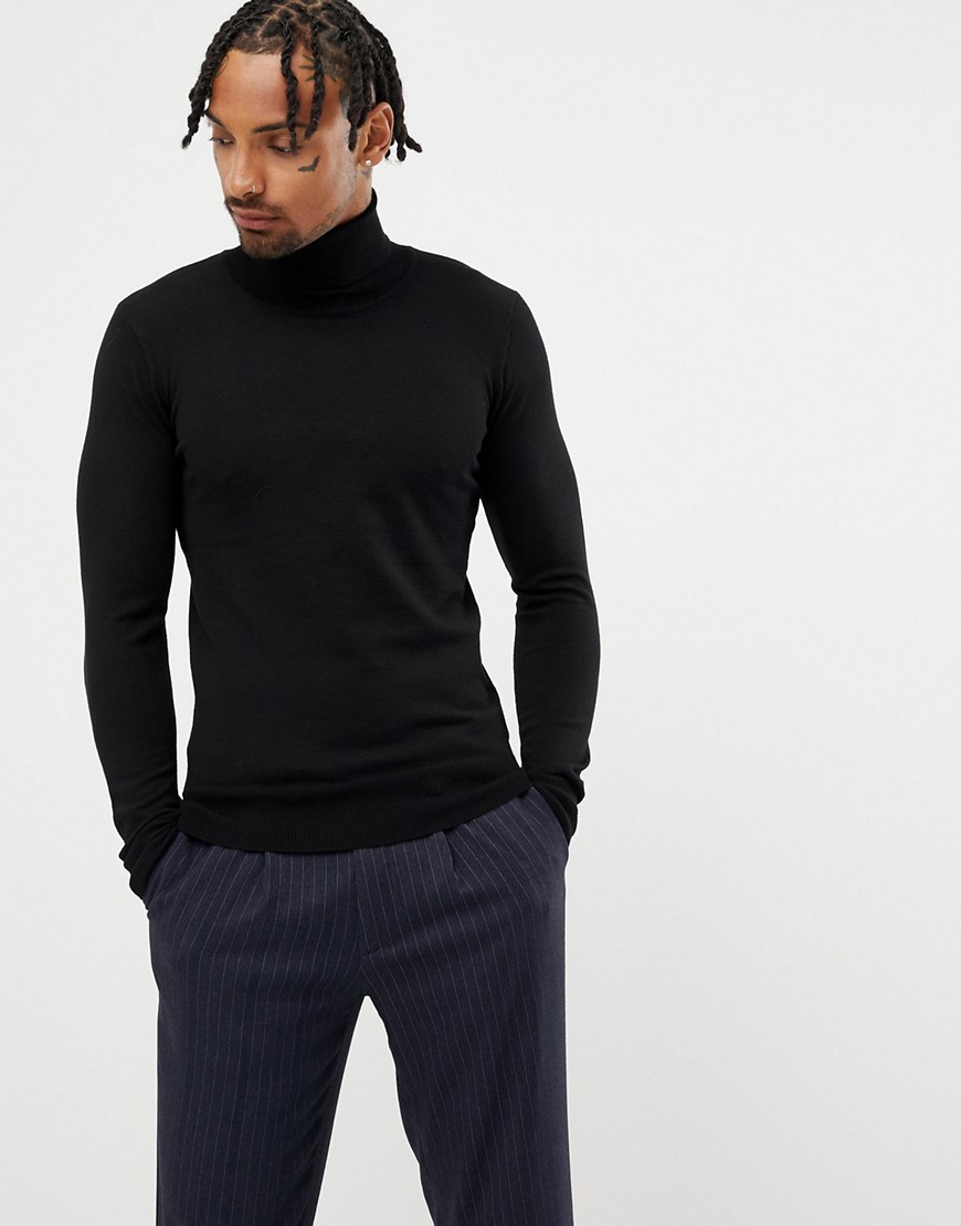 Gianni Feraud Premium Muscle Fit Stretch Roll Neck Fine Gauge Sweater-Black