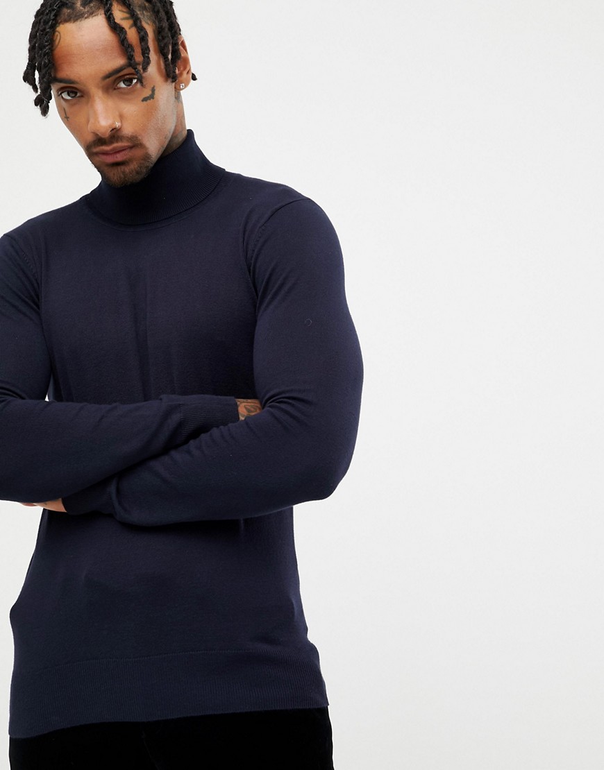 Gianni Feraud Premium Muscle Fit Stretch Roll Neck Fine Gauge Sweater-Navy