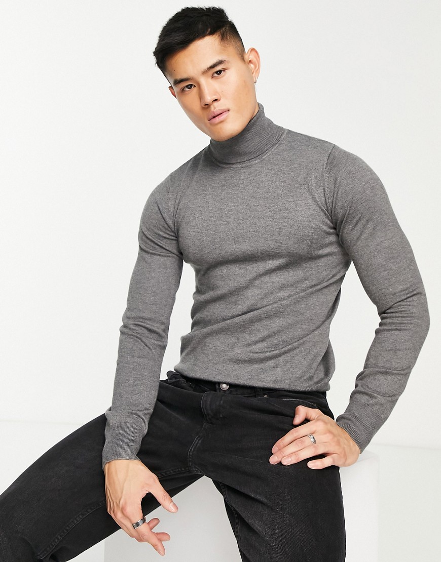 Gianni Feraud premium muscle fit stretch roll neck sweater in gray