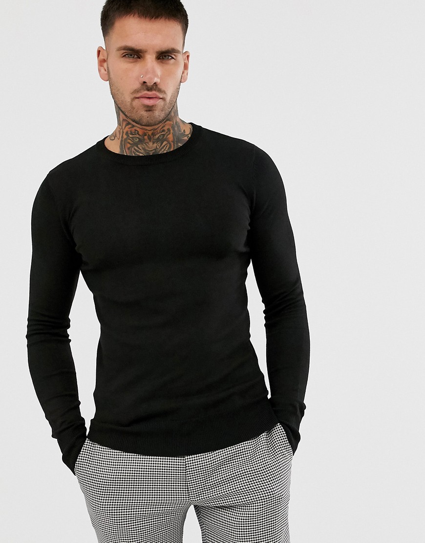 Gianni Feraud Premium Muscle Fit Stretch trui met ronde hals-Zwart