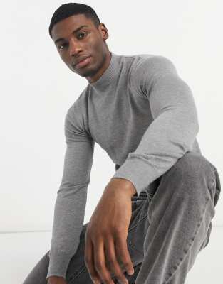 Gianni Feraud Gianni Feraud premium muscle fit stretch turtle neck fine gauge jumper in grey