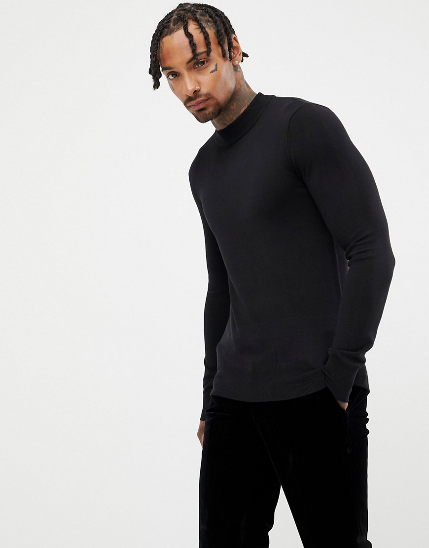 Gianni Feraud premium muscle fit stretch turtleneck fine gauge sweater-Black