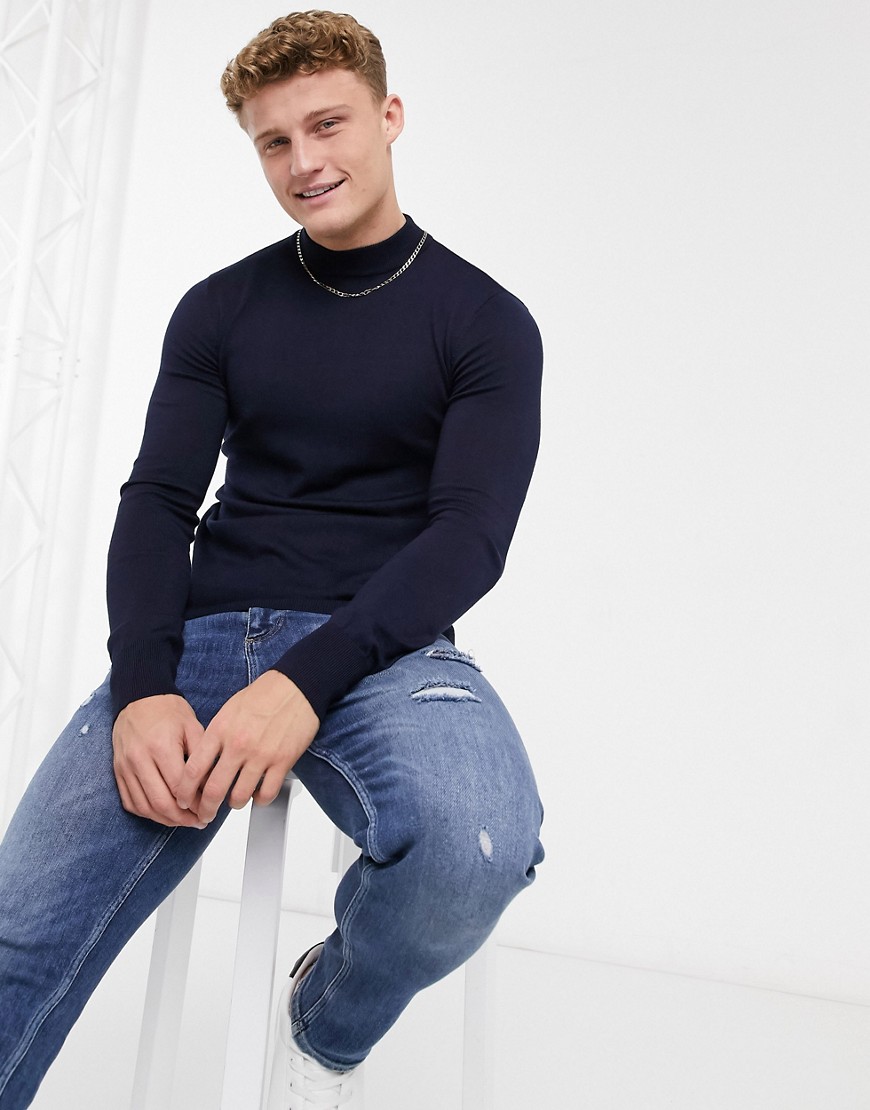 Gianni Feraud premium muscle fit stretch turtleneck sweater-Navy