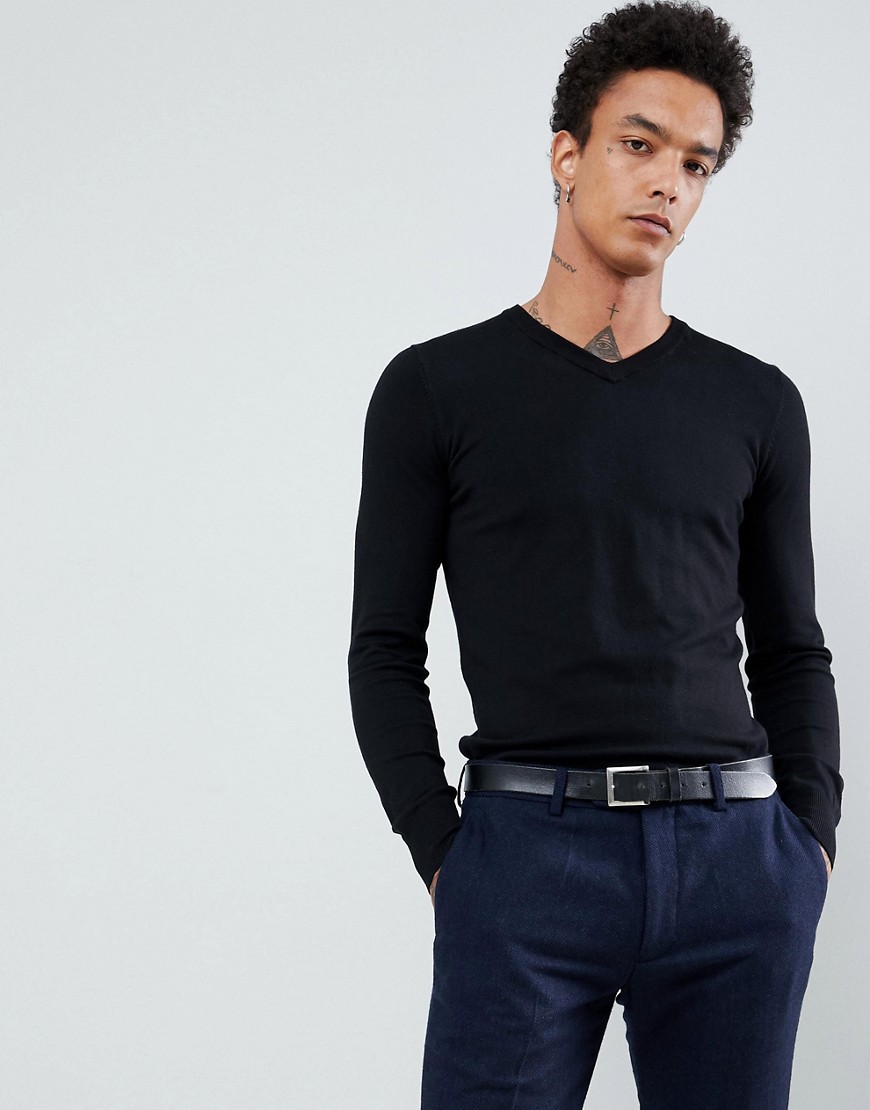 Gianni Feraud Premium Muscle Fit Stretch V Neck Sweater-Black