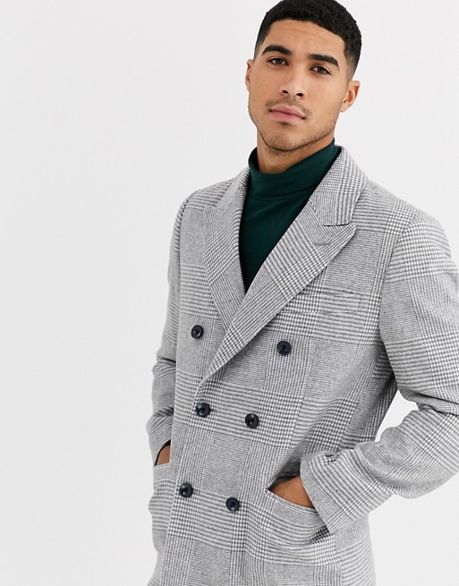 Gianni Feraud Premium Wool Blend Double Breasted Peak Lapel Grey Check Overcoat