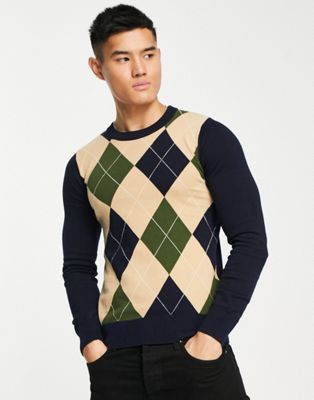 Gianni Feraud argyle print muscle fit crew neck jumper in navy - ASOS Price Checker