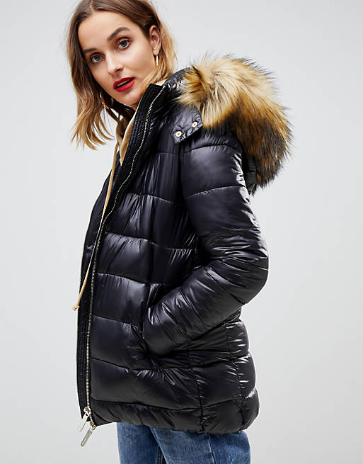 Gianni Feraud quilted jacket with faux fur hood | ASOS
