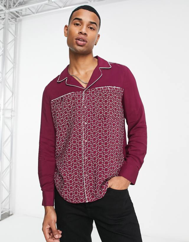 Gianni Feraud short sleeve geo print tipping shirt in burgundy