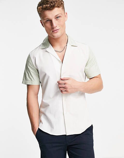 Gianni Feraud short sleeve slim fit color block revere collar shirt