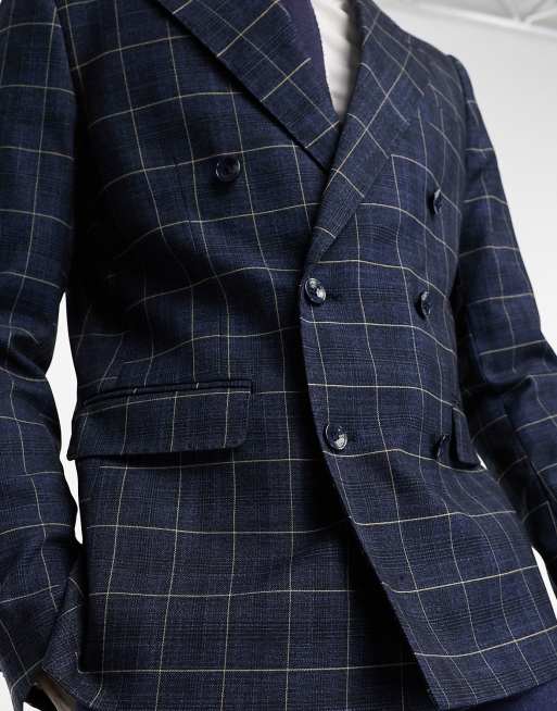 Gianni Feraud skinny double breasted blue windowpane suit jacket