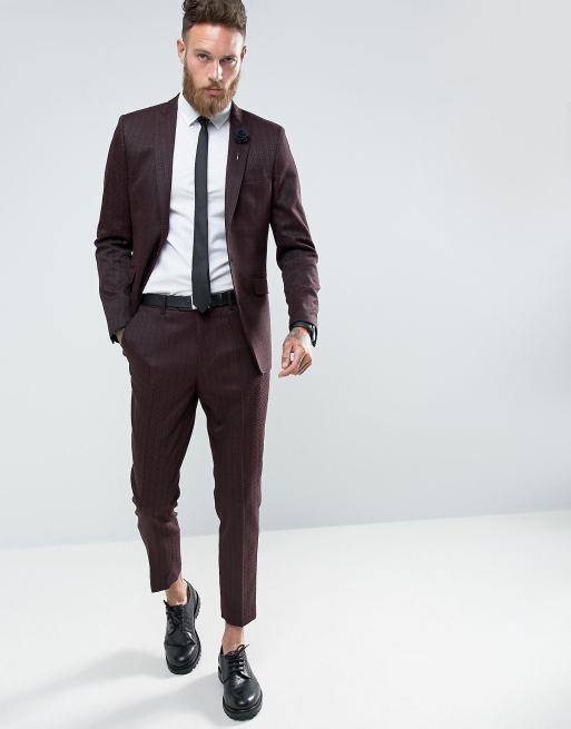 Gianni Feraud Skinny Fit Burgundy Geometric Print Cropped Suit Pants