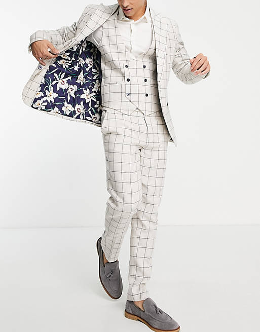 Gianni Feraud skinny fit cream windowpane suit trousers