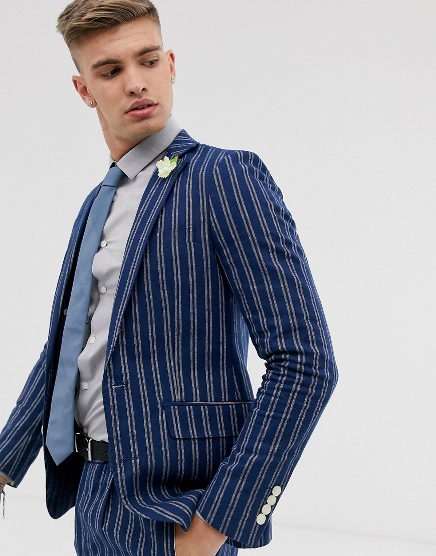 Gianni Feraud skinny fit linen blend stripe suit jacket-Blue