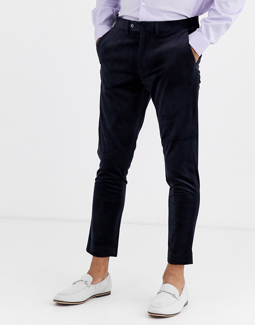 Gianni Feraud Skinny Fit Velvet Cropped Suit Trousers-Navy