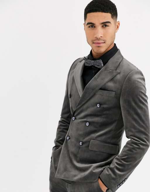 Gianni Feraud Skinny Fit Velvet Double Breasted Peak Lapel Suit Jacket ...