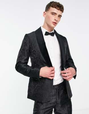 skinny paisley suit jacket with velvet lapel in black