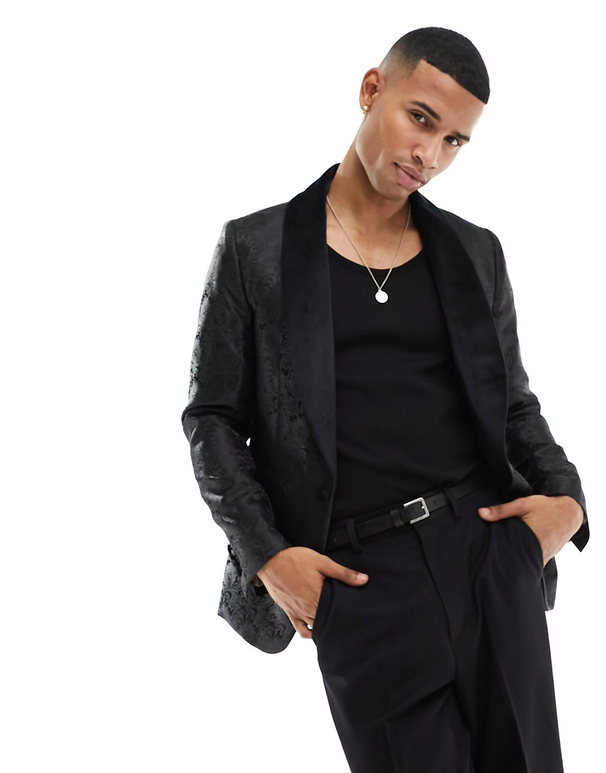 Gianni Feraud skinny paisley suit jacket with velvet lapel in black