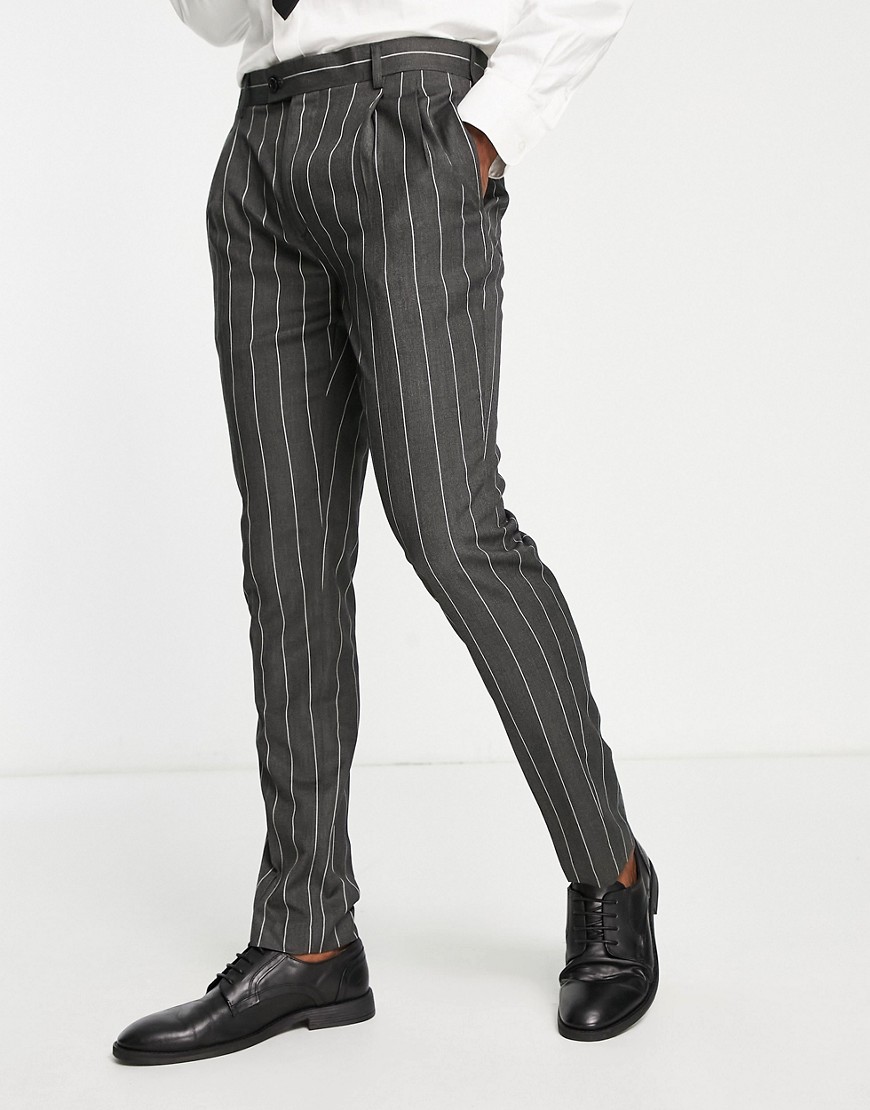 gianni feraud skinny pleasted suit trousers in grey stripe