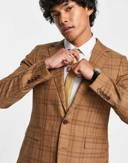 Gianni Feraud skinny suit jacket in brown check | ASOS