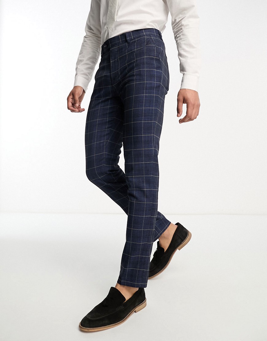 skinny suit pants in blue windowpane check