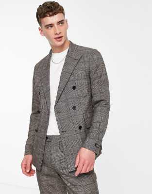 slim double breasted suit jacket in gray check