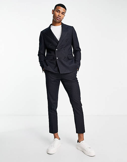 Gianni Feraud slim double breasted suit jacket in navy pinstripe