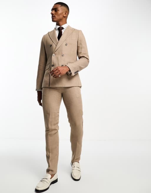 Beige double breasted linen Pant Suit - relaxed fit