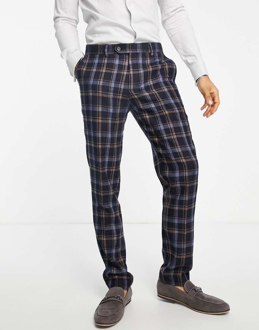 GIANNI FERAUD SLIM FIT CHECKED HERRINGBONE WOOL BLEND SUIT PANTS-BLUES