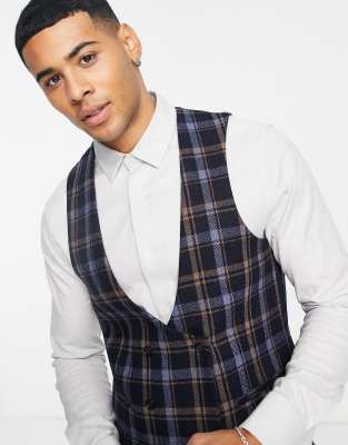 Gianni Feraud Slim Fit Checked Herringbone Wool Blend Vest-blues